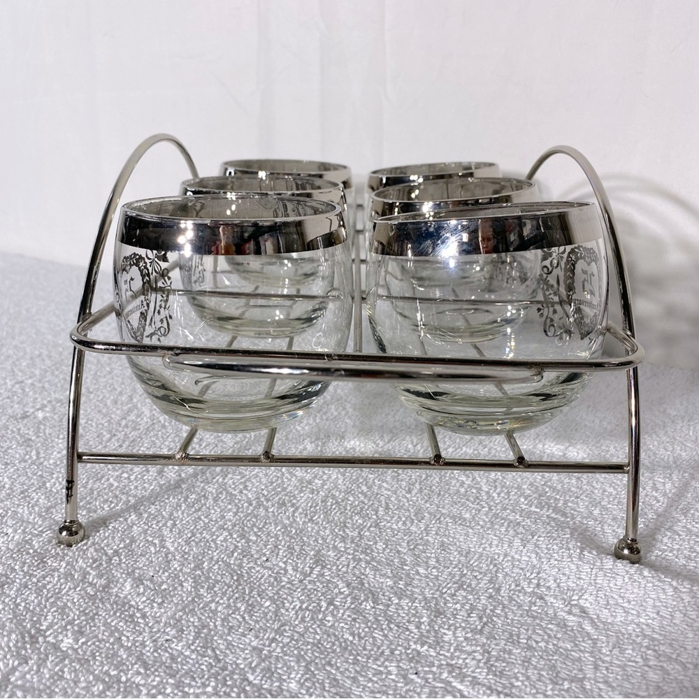 Vintage MCM 25th Anniversary Roly Poly Glasses W Silver Rim & Chrome Caddy - Picture 5 of 12